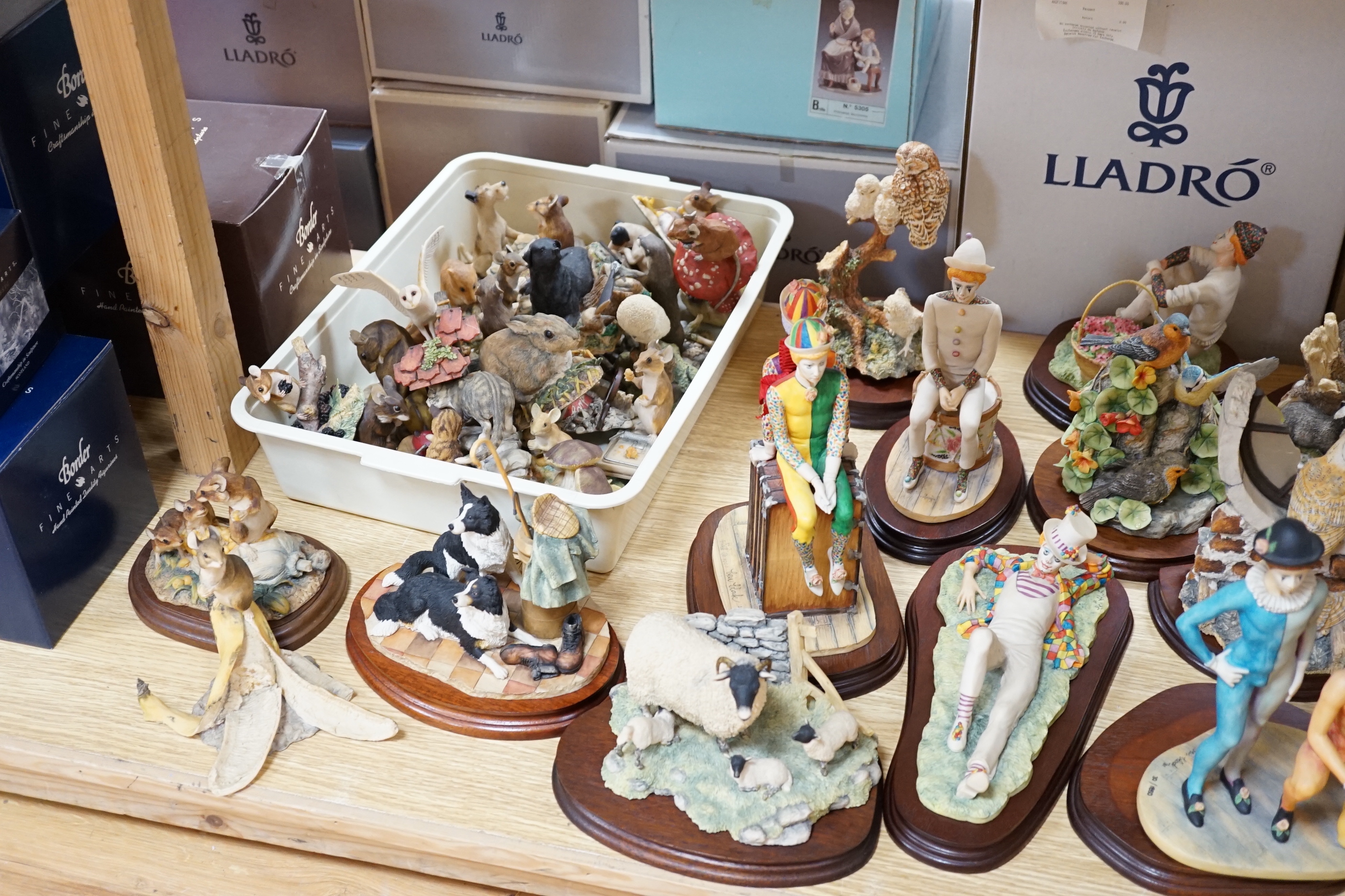 Border Fine Arts, c.50 – 60 pieces including sheep dog, British mammals and birds, three clowns, etc. mostly boxed